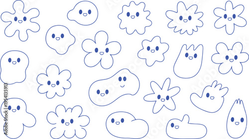 A varied selection of cheerful blue outline blob characters with smiling faces on a plain white background