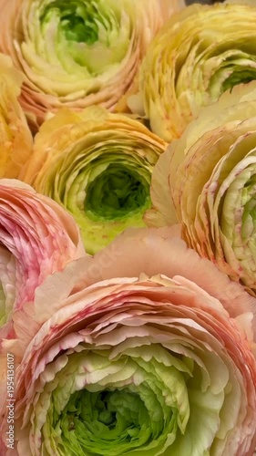 CLOSE UP MACRO OF DELICATE RANUNCULUS FLOWERS WITH SOFT PASTEL COLORS AND LAYERED PETALS. FLORAL BACKGROUND, NATURAL BEAUTY, SPRING BLOOM AND ELEGANT BOTANICAL TEXTURE CONCEPT.