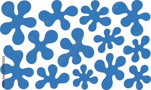 A variety of blue irregular blob shapes scattered across a clean white background