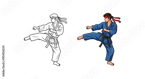 Athletic male character vector graphic demonstrating a powerful side kick, ready for combat or martial arts training.