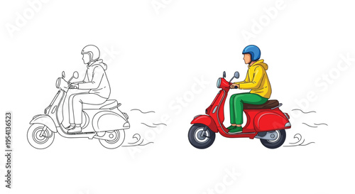 Colorful vector illustration of a person riding a red scooter, alongside its accompanying black outline graphic.
