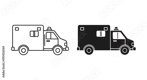Vector graphic illustration set depicting line and solid icons of an emergency medical service ambulance vehicle
