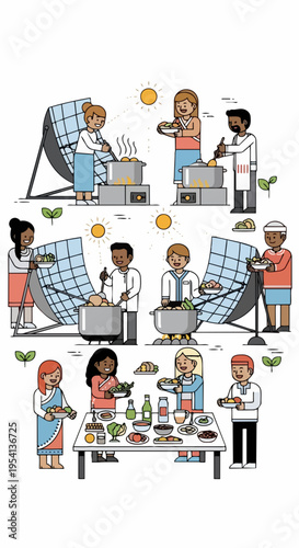 Diverse people engage in outdoor solar cooking, preparing food with parabolic ovens. Community enjoys sustainable meals using efficient solar cooking methods.