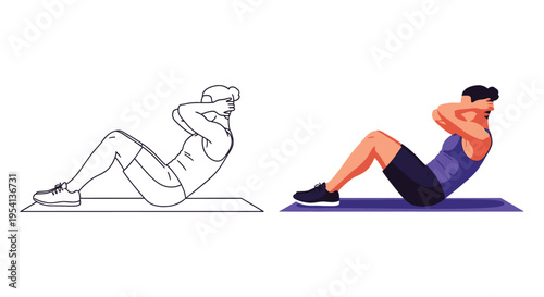 Vector graphic illustration showcasing a woman performing an abdominal crunch exercise on a mat