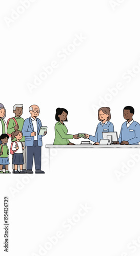 Diverse group of people engaging in bank transaction at modern financial institution. Customers waiting in line for bank transaction, including money exchange with friendly teller.