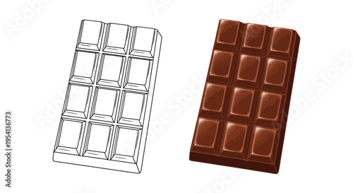 Delicious vector chocolate bar illustration shown next to its simple black and white outline graphic.