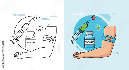 Vector graphic illustration showing the essential process of vaccination, including a syringe, vial, and bandaged arm