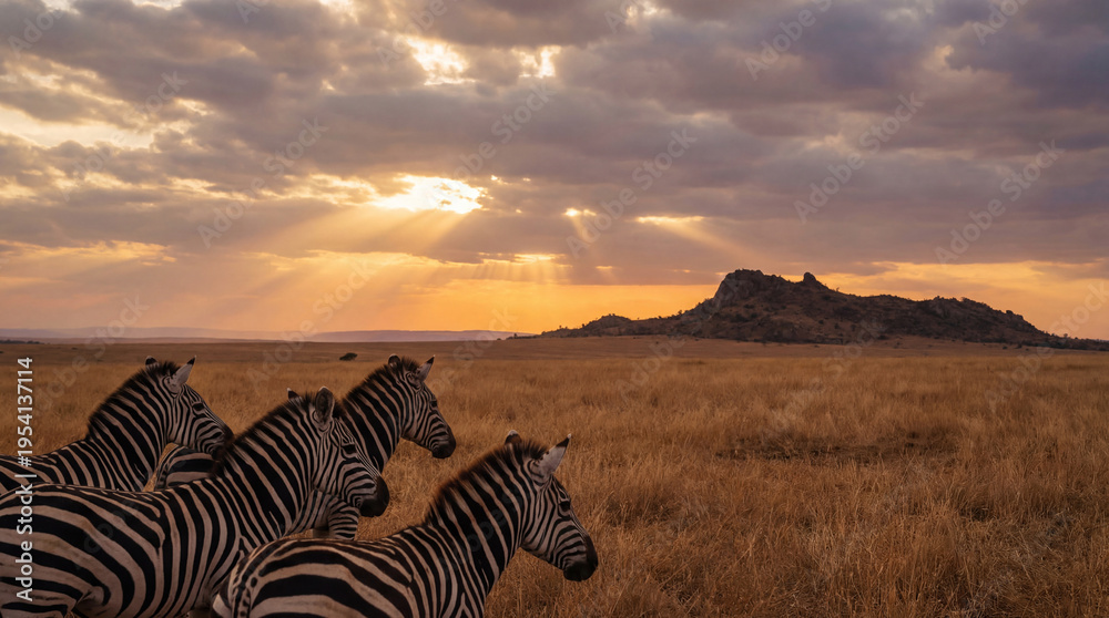 Fototapeta premium Zebras on vast savanna at golden sunset with dramatic sky and distant mountain landscape