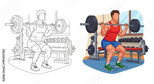 Athletic man doing barbell squats in a gym, a dynamic vector graphic representing fitness and exercise.