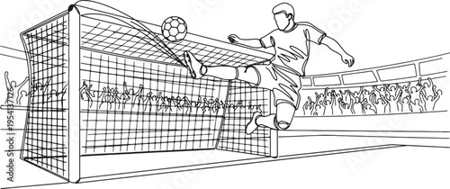 Soccer player kicking ball into goal with crowd cheering