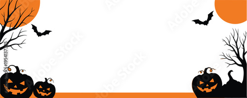 Spooky night landscape with dead trees bats and pumpkins