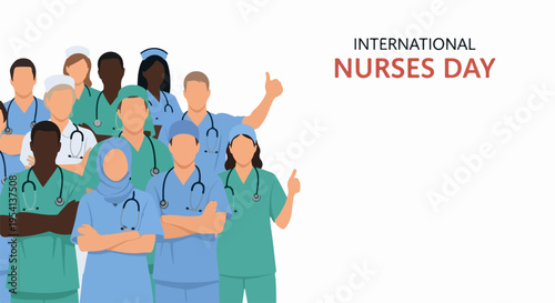Diverse healthcare team for International Nurses Day, featuring medical professionals. Group shows appreciation for International Nurses Day.