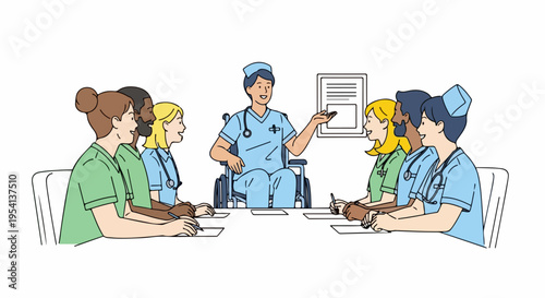 Diverse healthcare team conducts important medical meeting, discussing patient care and operational strategies. Collaborative medical meeting fosters knowledge exchange among dedicated professionals,