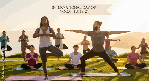 Group of diverse people practicing various poses for International Day of Yoga. Outdoor yoga session with male and female participants celebrating International Day of Yoga on June twenty first.