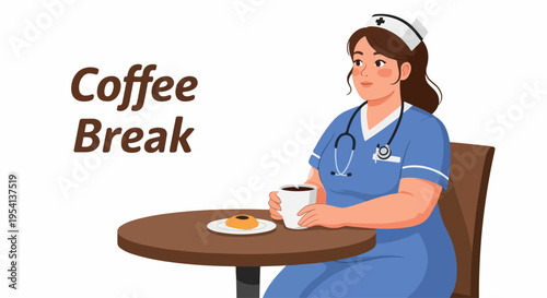 Cartoon nurse taking refreshing coffee break, enjoying hot cup of coffee and sweet donut on brown wooden table. Healthcare professional finding moment for coffee break and mental refreshment.