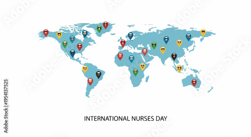 Colorful nurses world map showing location pins across continents. Global nurses world map illustrates International Nurses Day celebration, highlighting nurse locations worldwide.