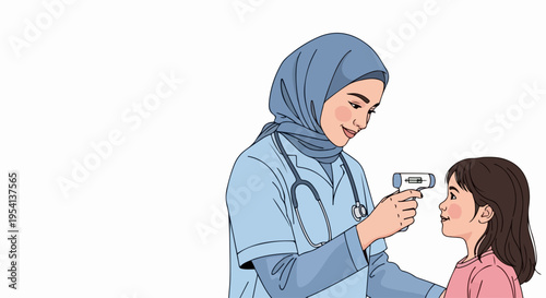 Muslim doctor child checkup. Female physician wearing hijab performs important doctor child checkup using non contact thermometer on young girl.