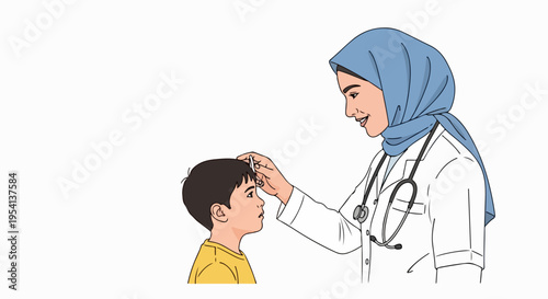 Child medical exam illustration of doctor in hijab checking young boy. Pediatric child medical exam shows medical professional with patient.