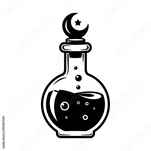 Black and White Magic Potion Bottle Icon with Moon and Star Stopper
