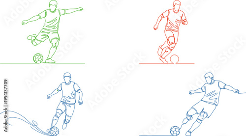 soccer players kicking ball in different poses and colors