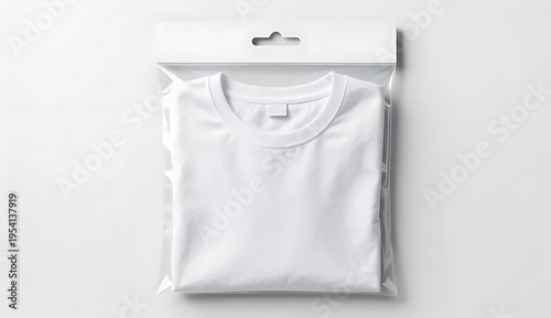Blank white t-shirt in plastic packaging with hang tab, retail ready, hang tag.