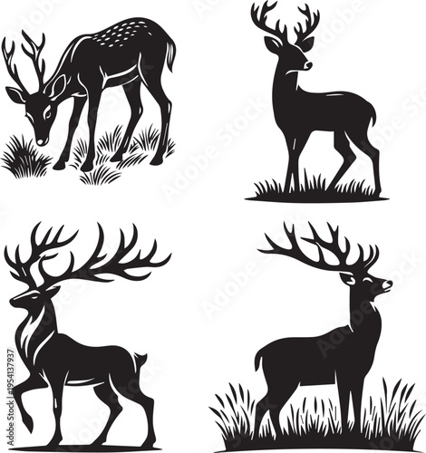  deer set with standing buck and stag poses, horned forest animal icons in flat vector style for CAD drawing, wildlife design