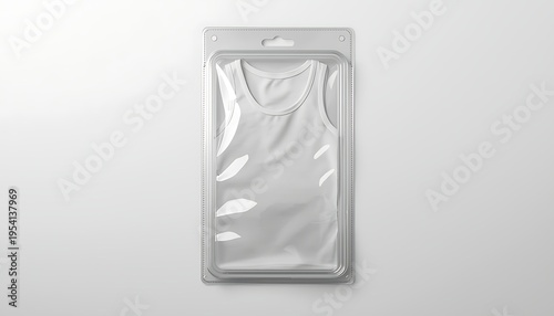 White tank top in blister packaging with hang tab for retail with blister pack.