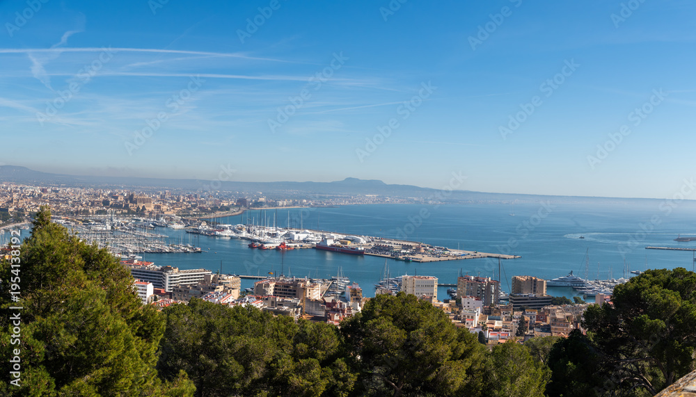 Fototapeta premium Panoramic view of Palma with its harbor, yachts, and coastline, framed by green trees under a clear blue sky.