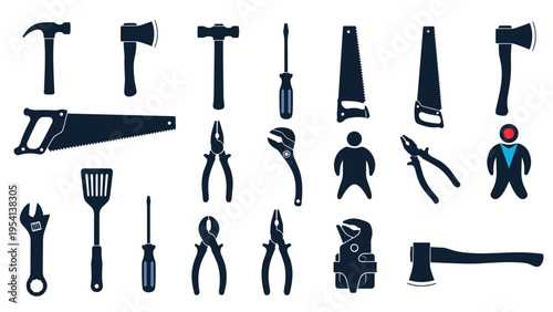 Collection of blue and black tool icons featuring various hammers, saws, axes, pliers, and wrenches for industrial design.