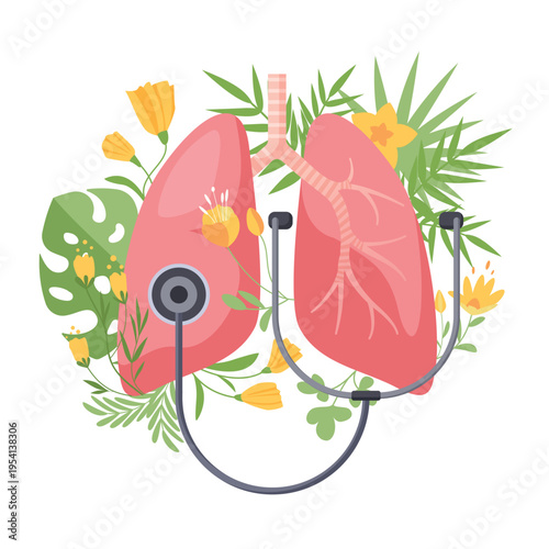 Lung health support and care, pulmonology checkup. Human lungs in blooming flowers, plants and green leaves with stethoscope for doctors examination of respiratory system cartoon vector illustration