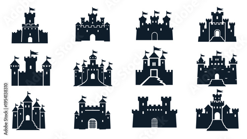 Diverse collection of black castle silhouettes featuring various tower shapes, battlements, gates, and flags for fantasy themes.