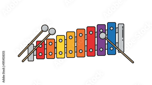Child friendly toy xylophone with rainbow colored bars and two wooden mallets for early musical education and play.