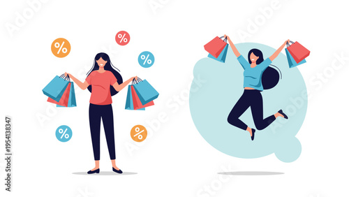 Happy women shopping with many colorful bags celebrating seasonal sales and huge discounts on a white background.