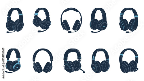 Multiple styles of modern gaming and office headsets with microphones displayed in different angles on a white background.