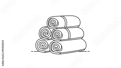 Simple black and white line art illustration of a pyramid stack of five rolled towels for spa or bathroom themes.