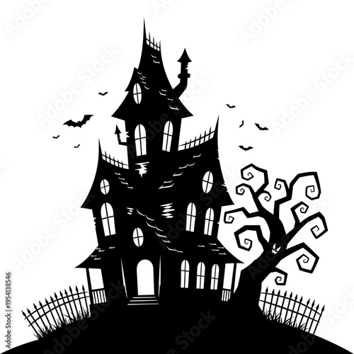 Haunted House Silhouette with Spooky Tree and Bats for Halloween Design