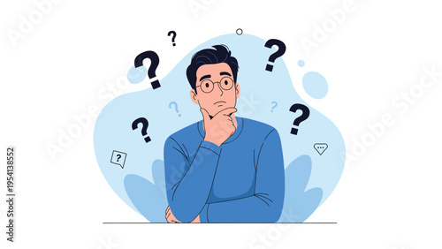 Young man in glasses thinking deeply with various question marks floating around him against a light blue abstract background.