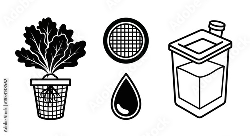 Hydroponic Farming Icons Set: Plant, Net Pot, Water Drop, and Nutrient Reservoir