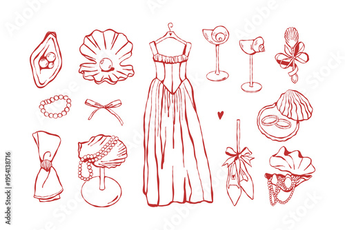 A set of vintage wedding accessories in a red outline style. Bows, shells, pearls, a wedding dress, and rings. Vector linear illustration. Sketch clip art