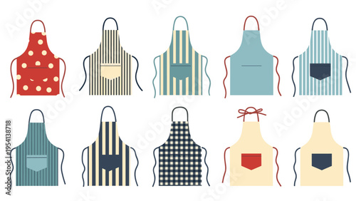 Set of ten stylish kitchen aprons in various patterns and colors including stripes polka dots and solids on a white background.