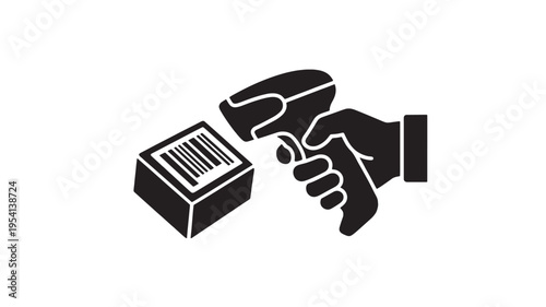 A hand holds a handheld scanner reading a barcode label on a small product box.