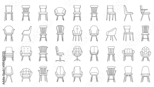 Extensive collection of various chair and armchair styles in black line art showing different shapes from modern to classic.