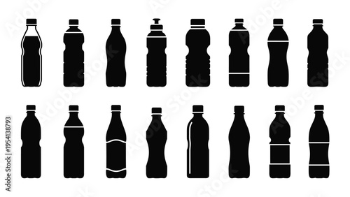 Collection of black silhouettes of various plastic water and beverage bottles showing different shapes and sizes on a white background.