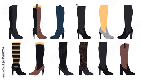 Set of twelve fashionable women high-heeled knee-high boots in various colors and styles on a white background.