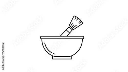 Simple black and white line art illustration of a mixing bowl and a soft brush for cosmetic salon or shaving themes on a white background.