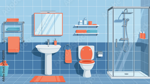 Blue themed bathroom interior featuring a glass shower cabin white pedestal sink toilet and orange towel accents on a tiled background.