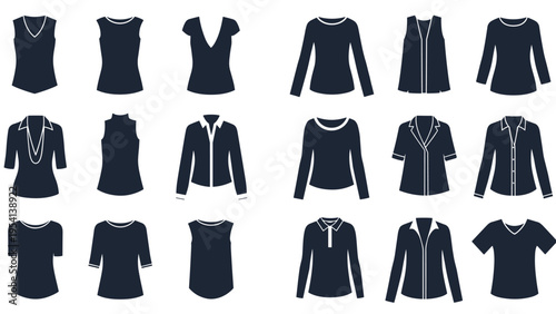 Large set of various women's top silhouettes including t-shirts blouses shirts and sleeveless vests in dark blue on a white background.