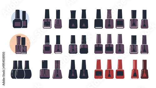 Extensive collection of nail polish bottle icons in various colors and shades including reds purples and blues on a white background.