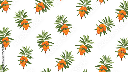 Seamless pattern of vibrant orange sea buckthorn berries on green leafy branches against a clean white background.