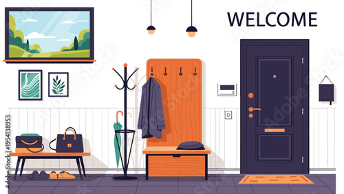 Welcoming home entryway interior design featuring a dark door wooden coat rack bench shoes and decorative framed wall art.